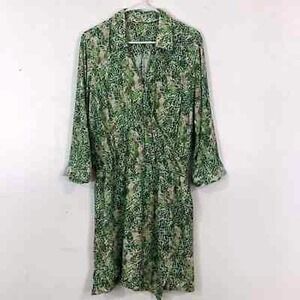Cabi Green Tropical Palm Leaf Print Wrap Style Dress Collared 3/4 Sleeve Medium